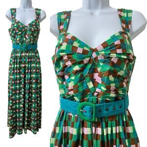 Diane von Furstenberg Krystel Belted Poplin Midi Dress Size 6 Check Retro 50s